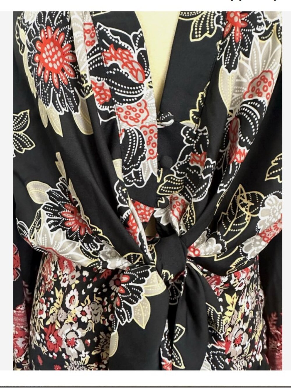 FREE PEOPLE Black Gold Floral Tie Waist Top Size Medium Run Free - Picture 4 of 10